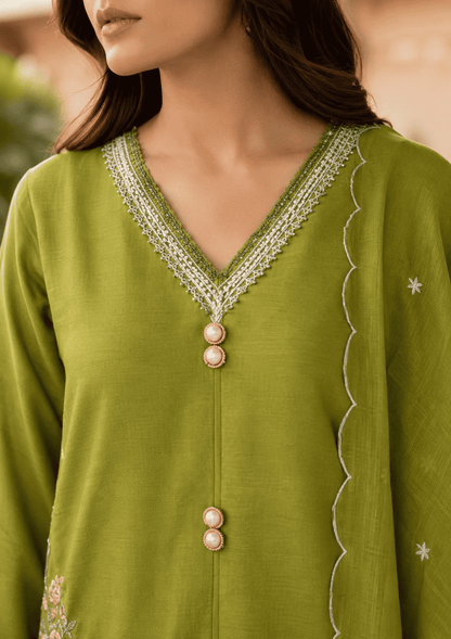 Olive Green Silk Embroidered Kurta pant Set with Dupatta