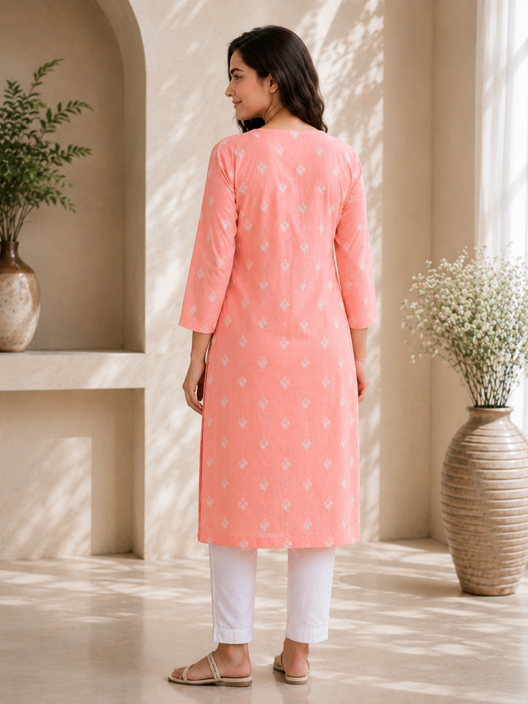 Peach Floral Embroidery Cotton Kurta