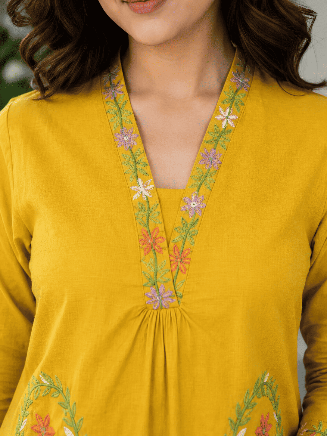 Mustard Yellow Cotton Embroidered Kurta With Pant