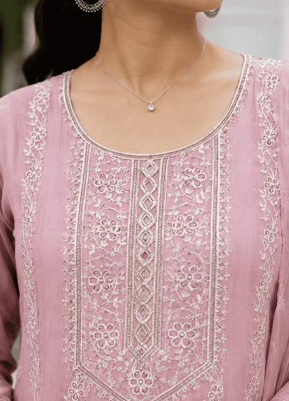 Pink Embroidered Mul Cotton Kurta Pant and Dupatta