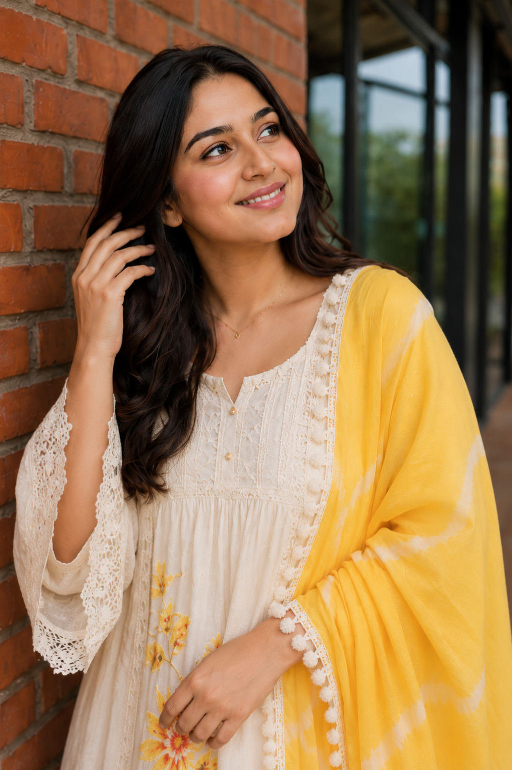 Off-White Cotton Schiffli Kurta Pant With Yellow Dupatta