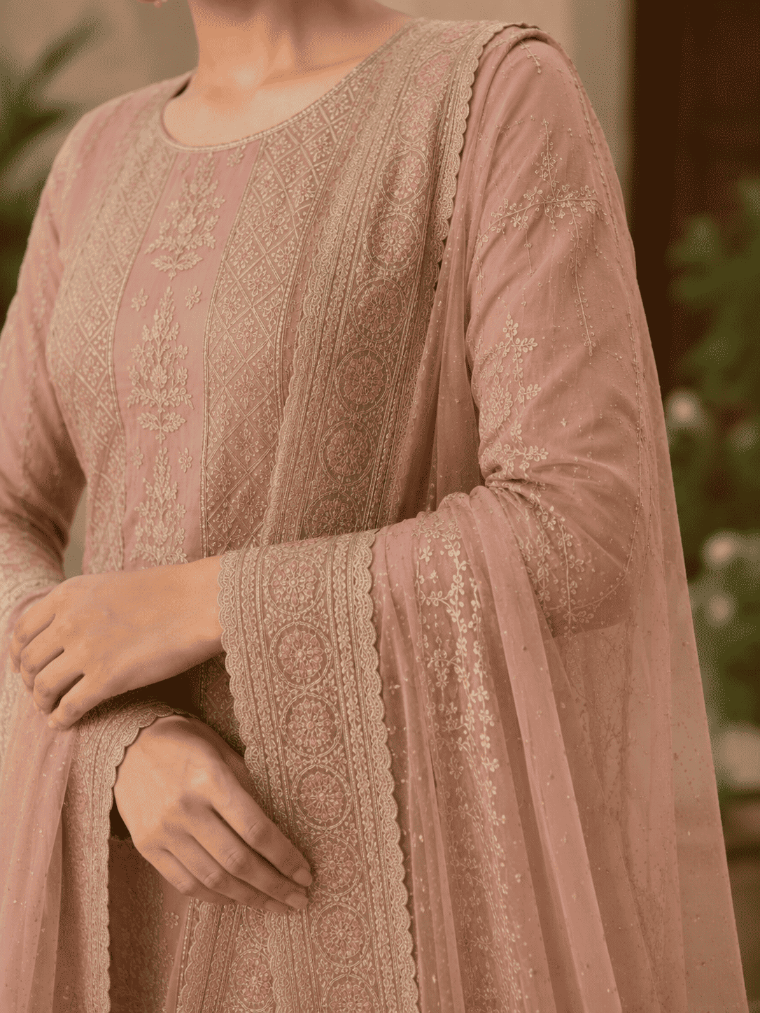 Unstitched Soft Blush Pink Organza With Intricate Ivory And Gold Threadwork Embroidery Suit Material