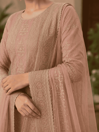 Unstitched Soft Blush Pink Organza With Intricate Ivory And Gold Threadwork Embroidery Suit Material