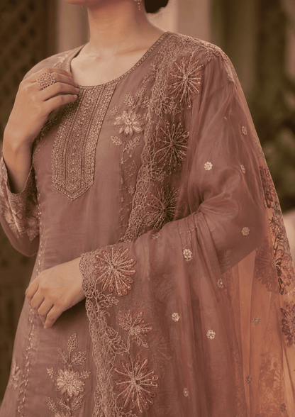 Semi-Stitched Champagne Brown Shimmer Organza With Multicoloured Thread Embroidery Suit Material