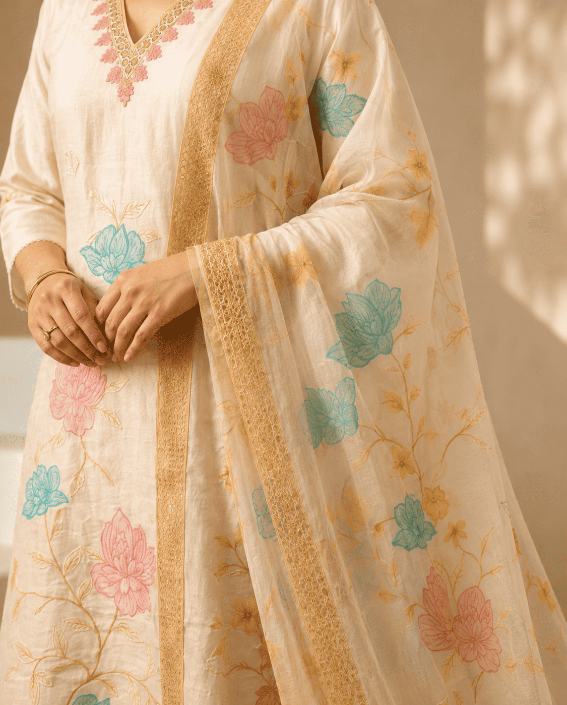 White With Delicate Pink And Blue Floral Patchwork Cotton Kurta Set With Organza Dupatta