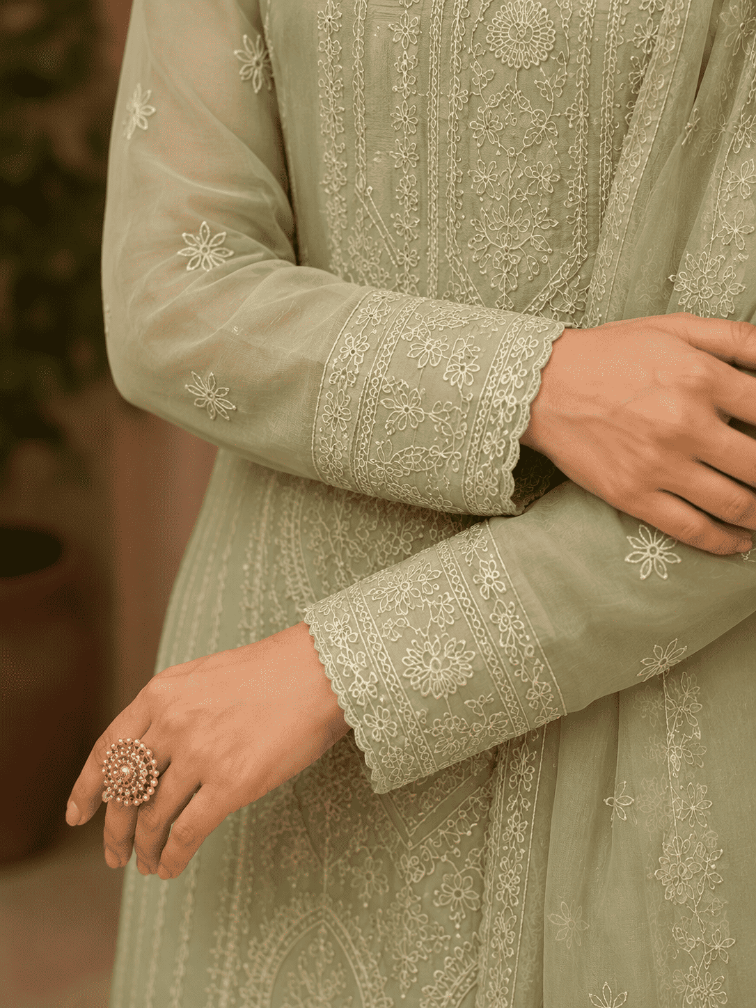Semi-Stitched Soft Pastel Mint Green Organza Suit With Intricate White Thread And Golden Sequin Embroidery