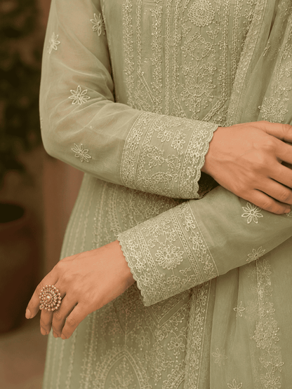 Semi-Stitched Soft Pastel Mint Green Organza Suit With Intricate White Thread And Golden Sequin Embroidery