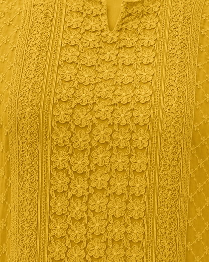 Mustard Chikankari Embroidered Georgette Kurta Pant Set With Dupatta
