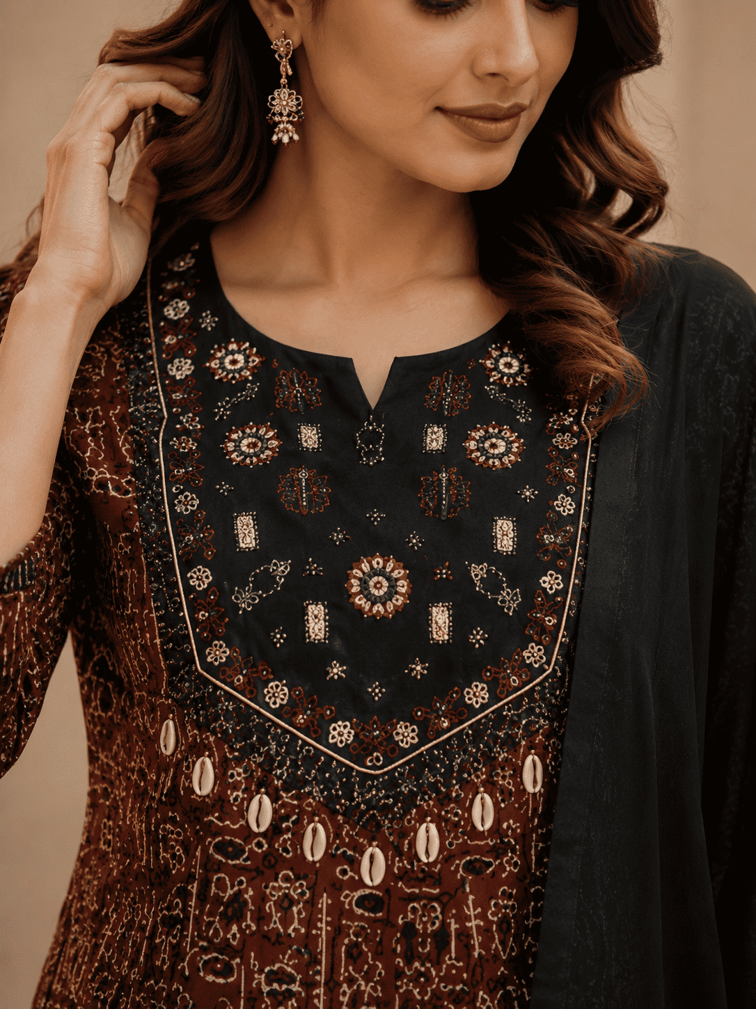 Brown Printed Cotton Anarkali Suit With Solid Black Dupatta