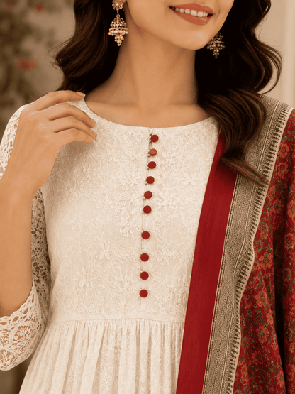 White Chikankari Kurta Pant With Red Printed Dupatta