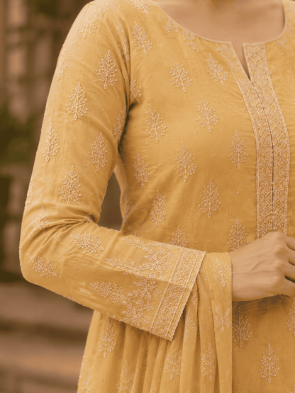 Semi-Stitched Muted Olive-Beige Chiffon Suit With Delicate Ivory Sequin Leaf Embroidery