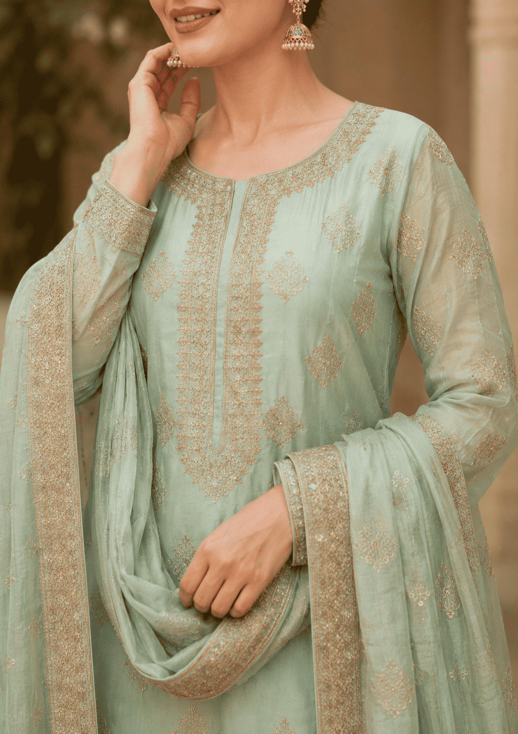 Semi-Stitched Soft Sea-Green Tissue Silk Wth A Glossy, Crinkled Texture Suit Material