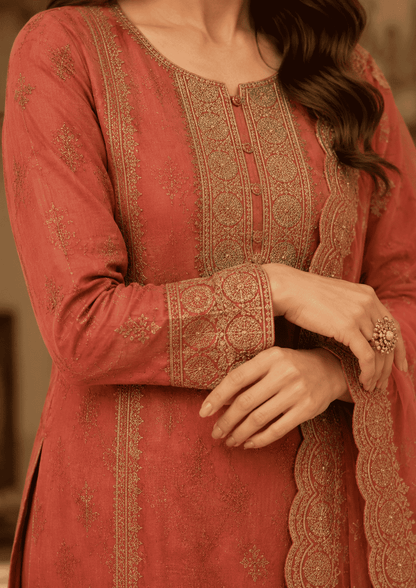 Watermelon Pink Semi-Stitched Tissue Suit Set With Dupatta With Delicate Pastel Sequin Embroidery
