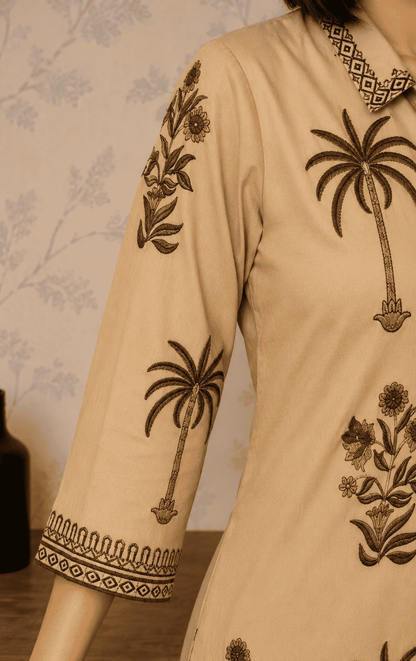 Beige Printed Cotton Blend Kurta Pant Set