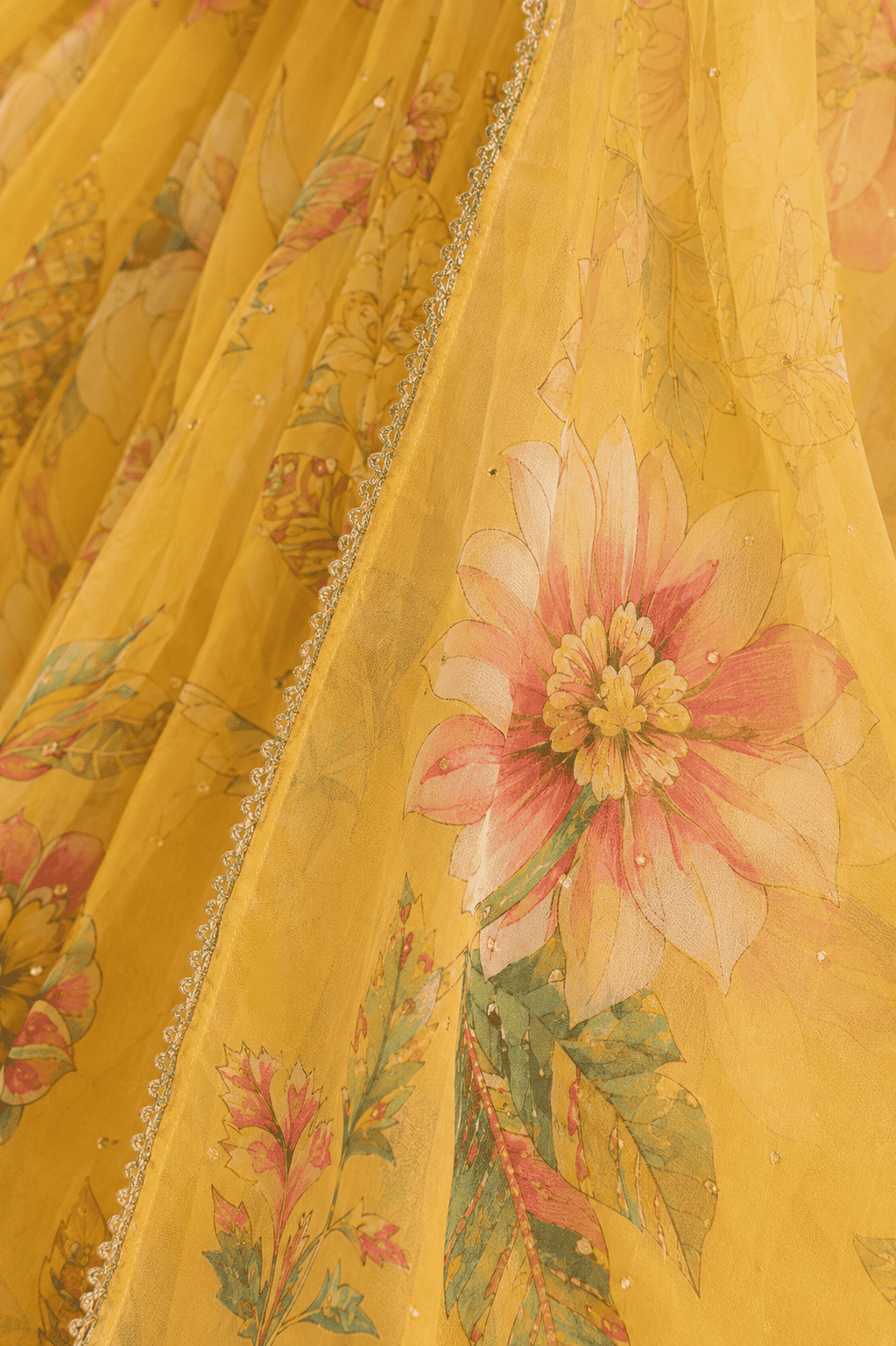 Yellow floral tebby organza lehenga choli with dupatta