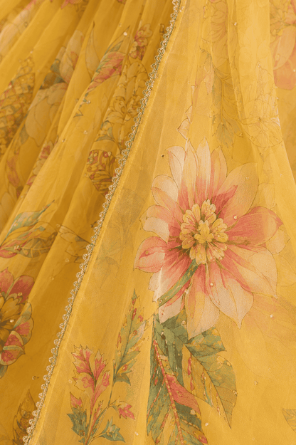Yellow floral tebby organza lehenga choli with dupatta