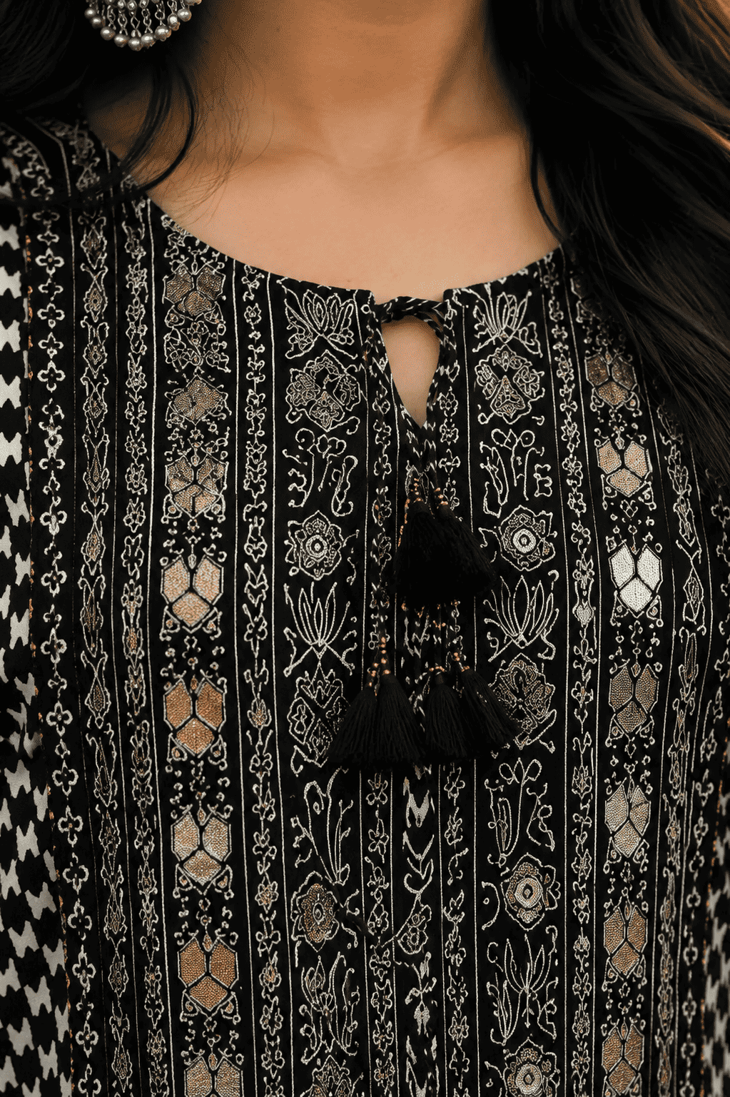 Black Muslin Subtle Embroidered and Printed Kurta Pant Set