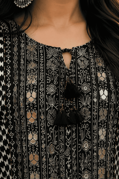 Black Muslin Subtle Embroidered and Printed Kurta Pant Set