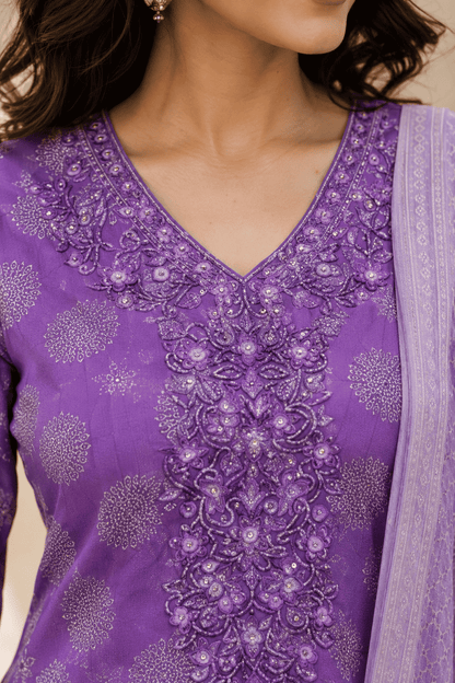 Lavender Cotton Bagru Handblock Kurta Set With Matching Dupatta