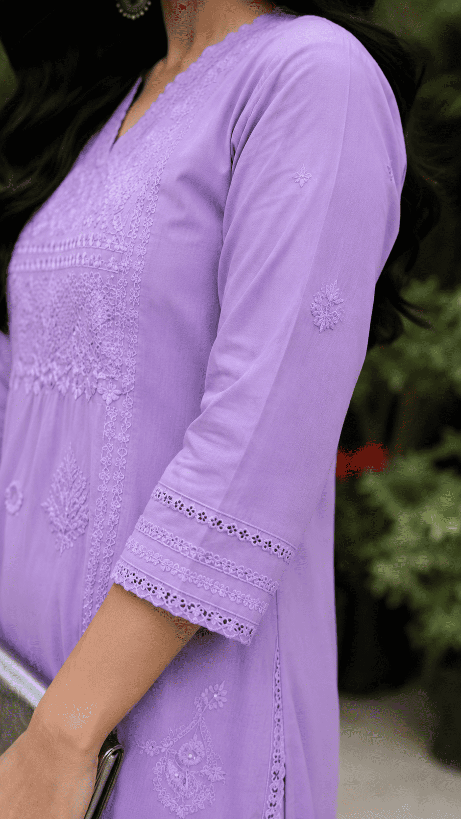 Purple Cotton Blend Angrakha Style Chikankari Kurta With Pant