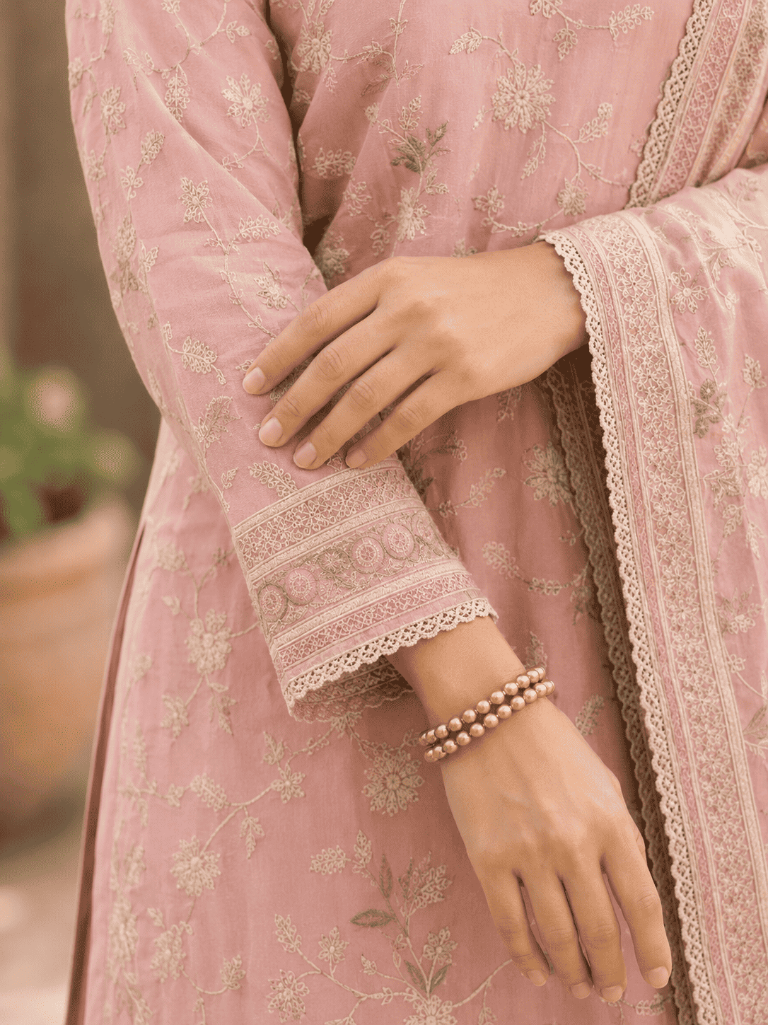 Unstitched Antique Rose Pink Fine Muslin-Cotton Blend With Sequin Accents And Textured Embroidered Suit Material