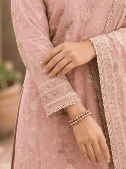 Unstitched Antique Rose Pink Fine Muslin-Cotton Blend With Sequin Accents And Textured Embroidered Suit Material