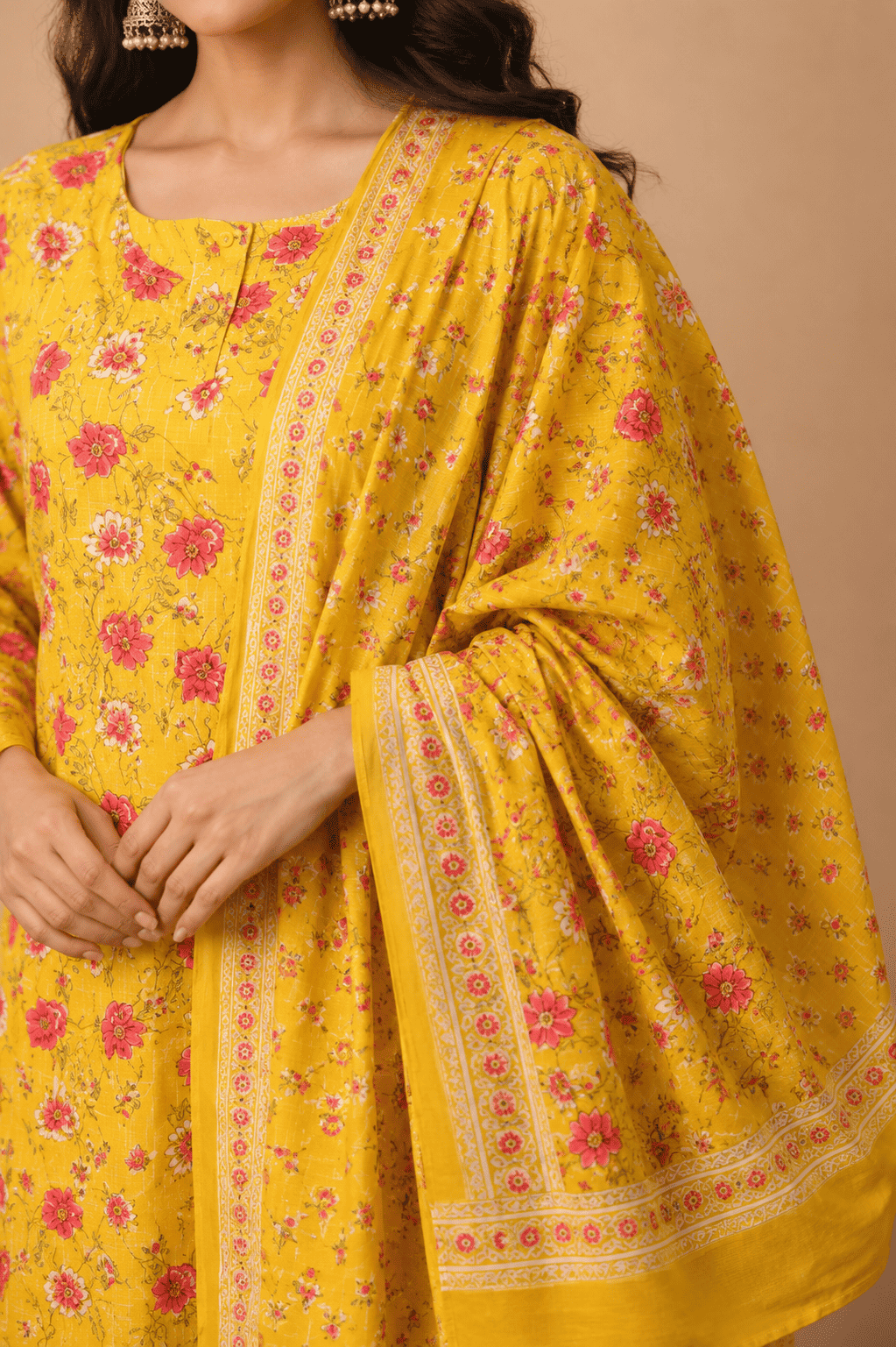 Mustard yellow cotton floral printed kurta pant set with dupatta
