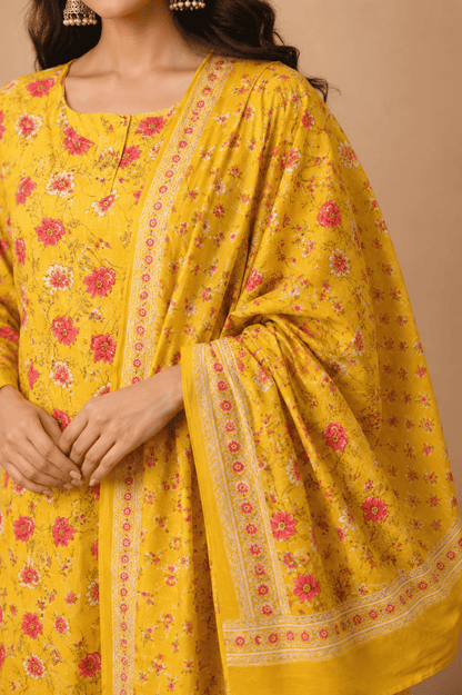 Mustard yellow cotton floral printed kurta pant set with dupatta