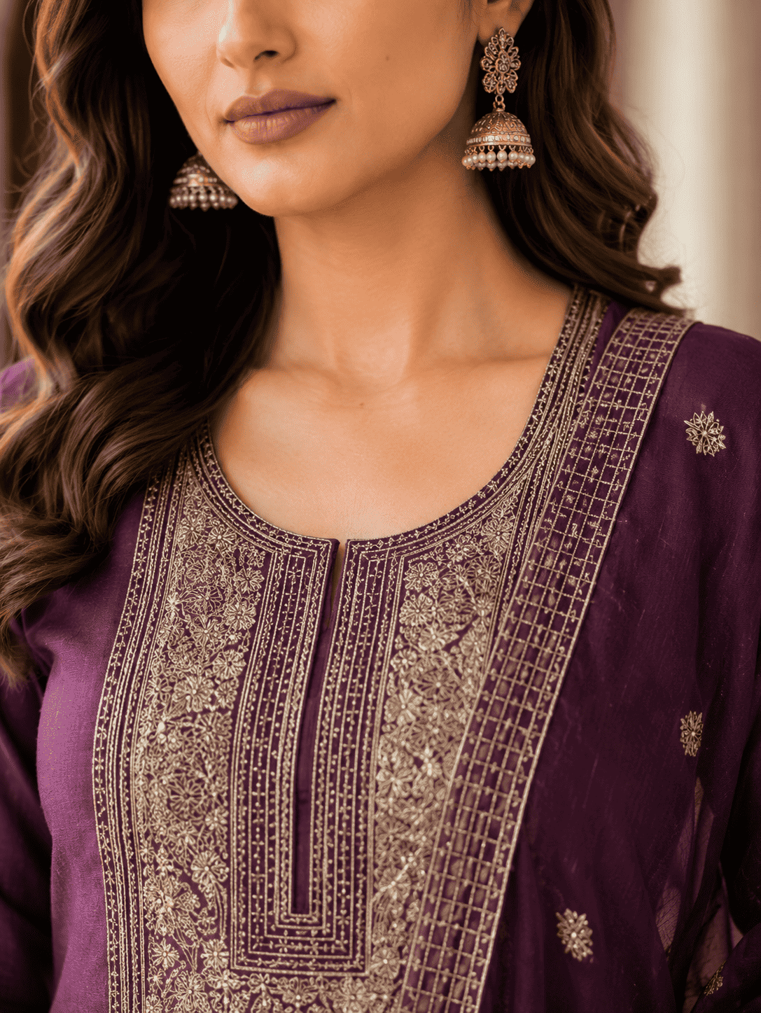 Semi-Stitched Plum-Purple Organza Suit Featuring Fine Zari And Sequin Embroidery