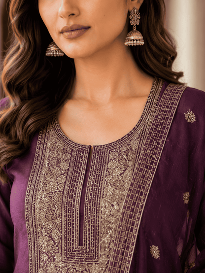 Semi-Stitched Plum-Purple Organza Suit Featuring Fine Zari And Sequin Embroidery