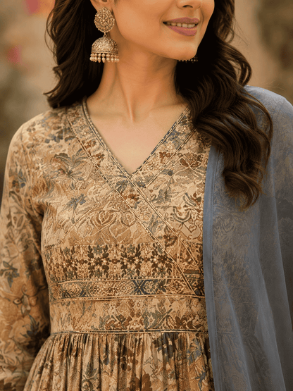 Olive Beige Cotton Blend Floral Kurta Set With Grey Dupatta
