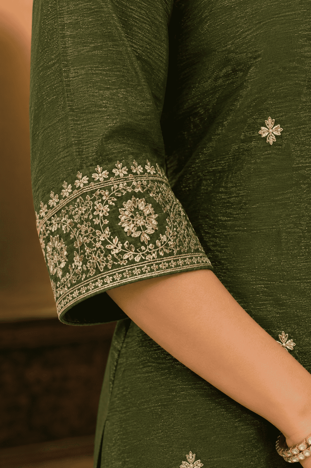 Green Silk Blend Embroidered Kurta Palazzo Dupatta Set