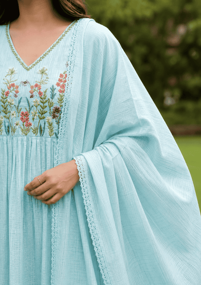 Pastel Blue malmal Embroidered Kurta pant Set with Dupatta
