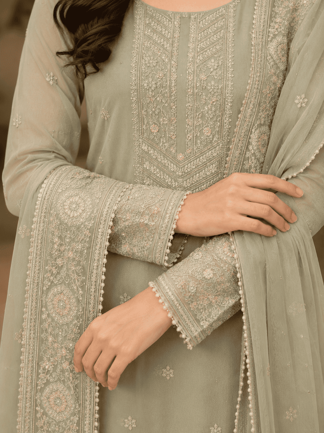 Muted Grey Semi-Stitched Organza With Floral Embroidery Suit Set With Dupatta
