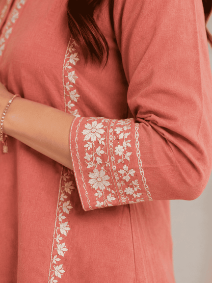 Peach cotton aari embroidered kurta with white cotton pant set