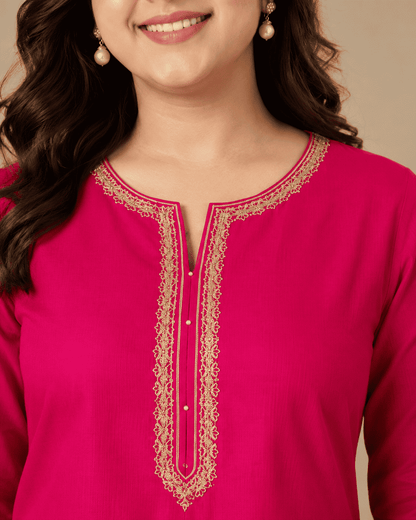 Rani Pink embroidered round neck silk kurta pant set