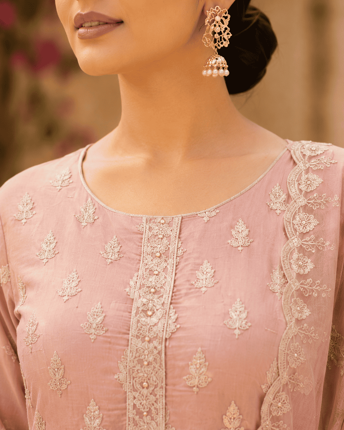 Semi-Stitched Dusty Rose Organza With Delicate Ivory Thread And Sequin Floral Motifs Suit Material