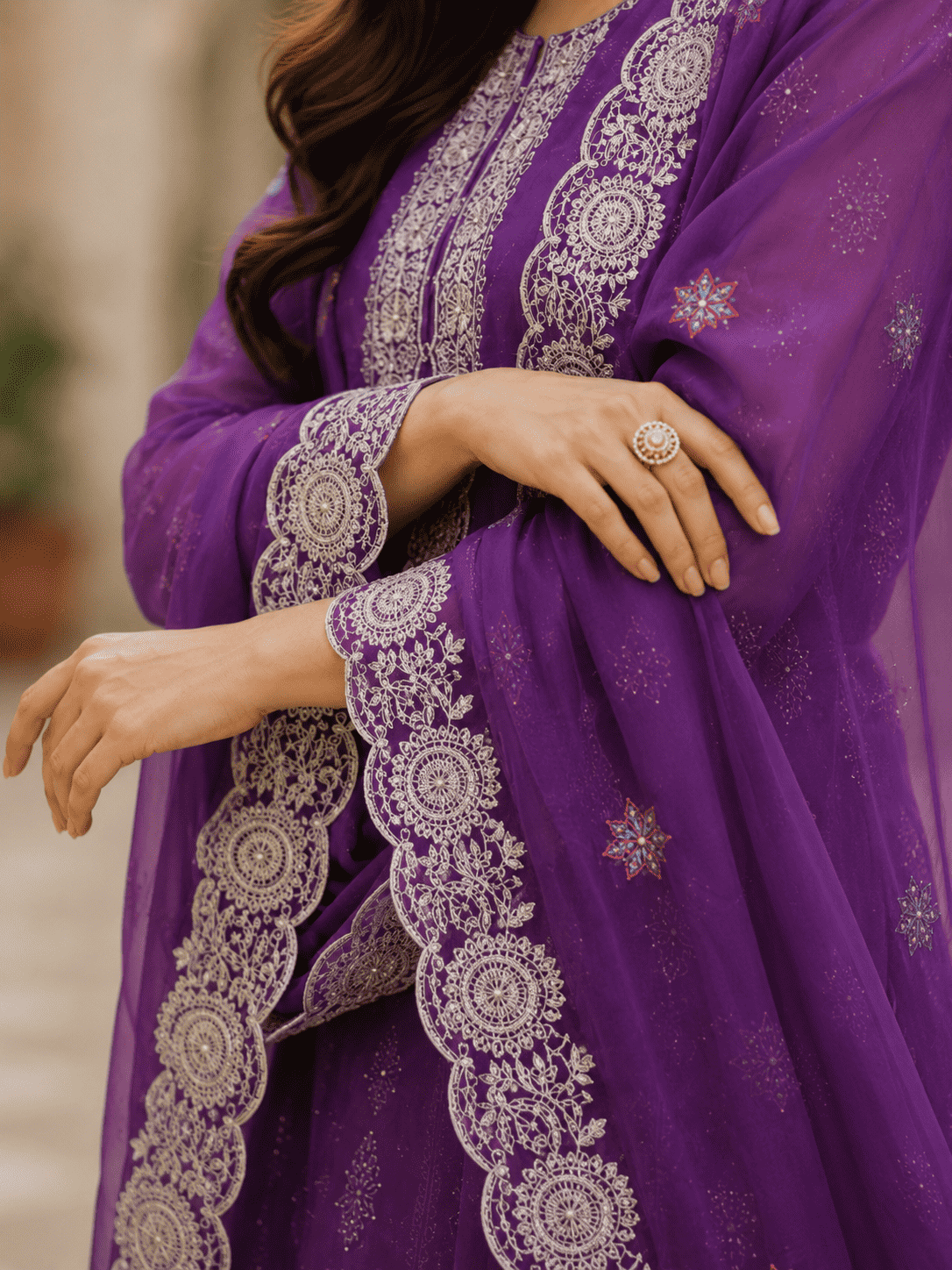 Plum-Purple Semi-Stitched With Multicolour Embroidery Lightweight Organza Suit Set With Dupatta