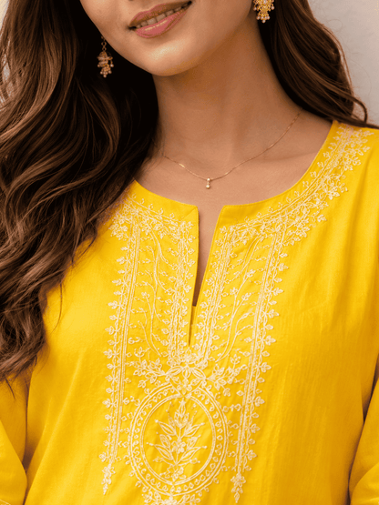 Bright Yellow Embroidered Cotton Kurta Pant Set With Dupatta