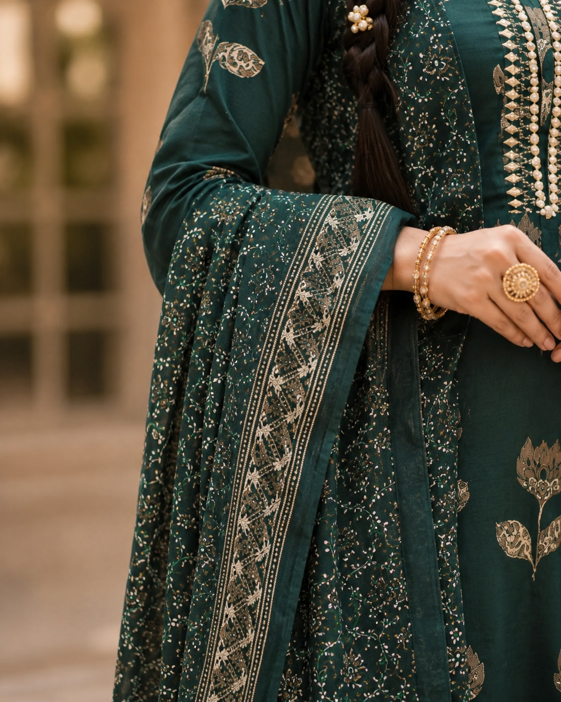Dark Green Floral Printed Cotton Kurta Pant With Dupatta