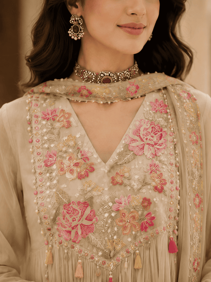 Cream Georgette Blend Anarkali Suit With Floral Dupatta