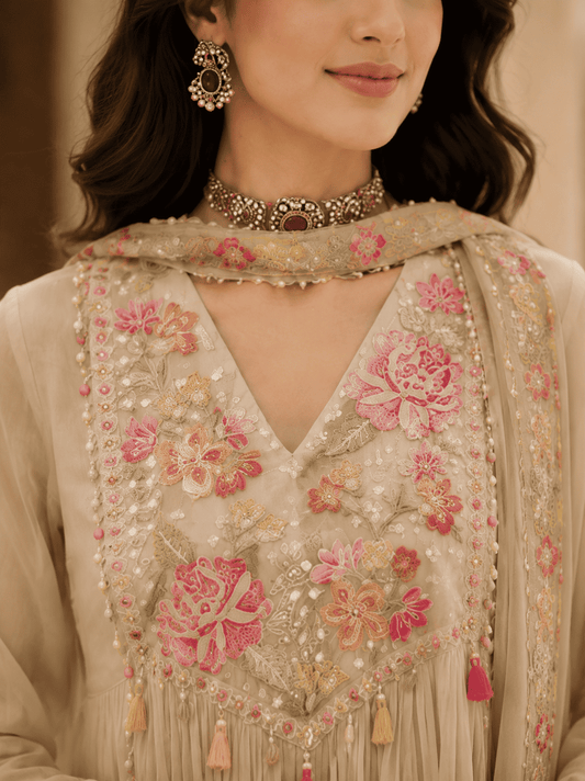 Cream Georgette Blend Anarkali Suit With Floral Dupatta