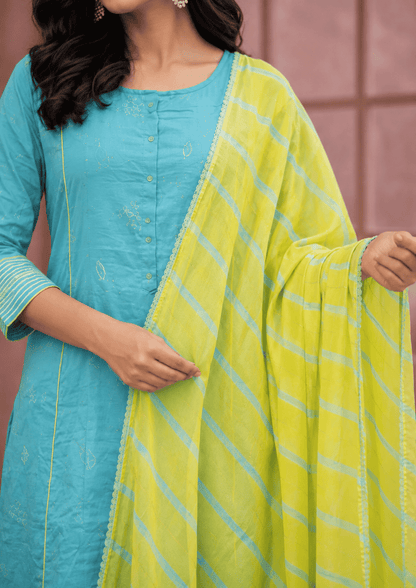 Turquoise cotton embroidered kurta pant set with yellow dupatta