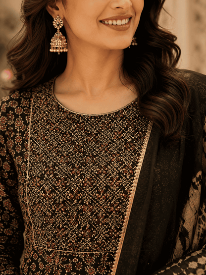 Black Printed Cotton Kurta Set With Tie And Dye Dupatta
