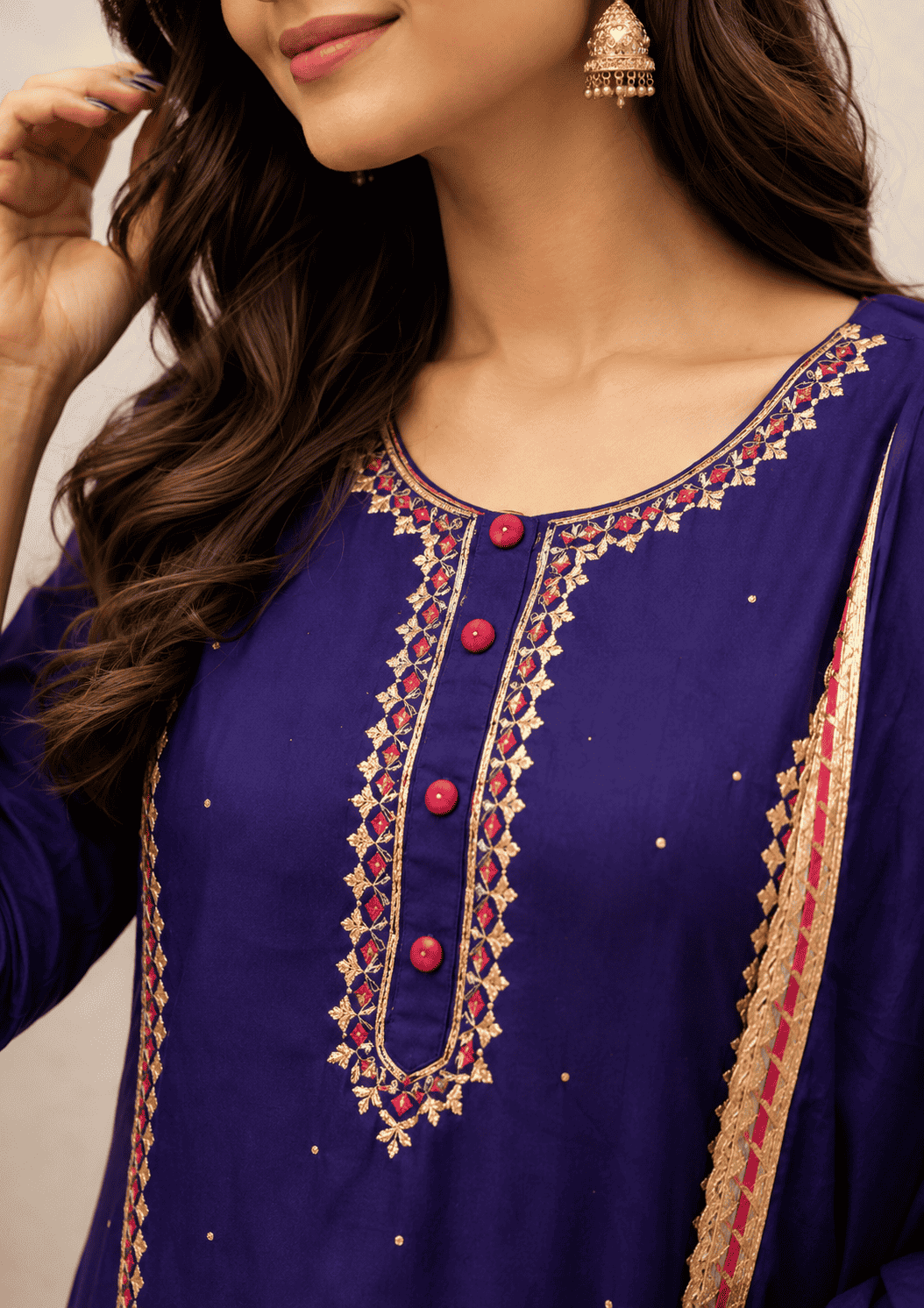 Royal blue silk kurta sharara set with embroidered detailing and chiffon dupatta