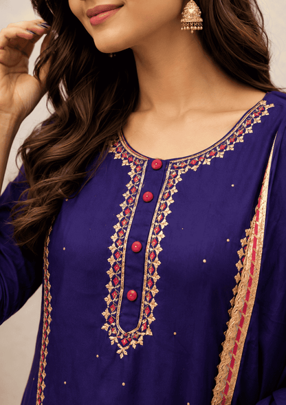 Royal blue silk kurta sharara set with embroidered detailing and chiffon dupatta