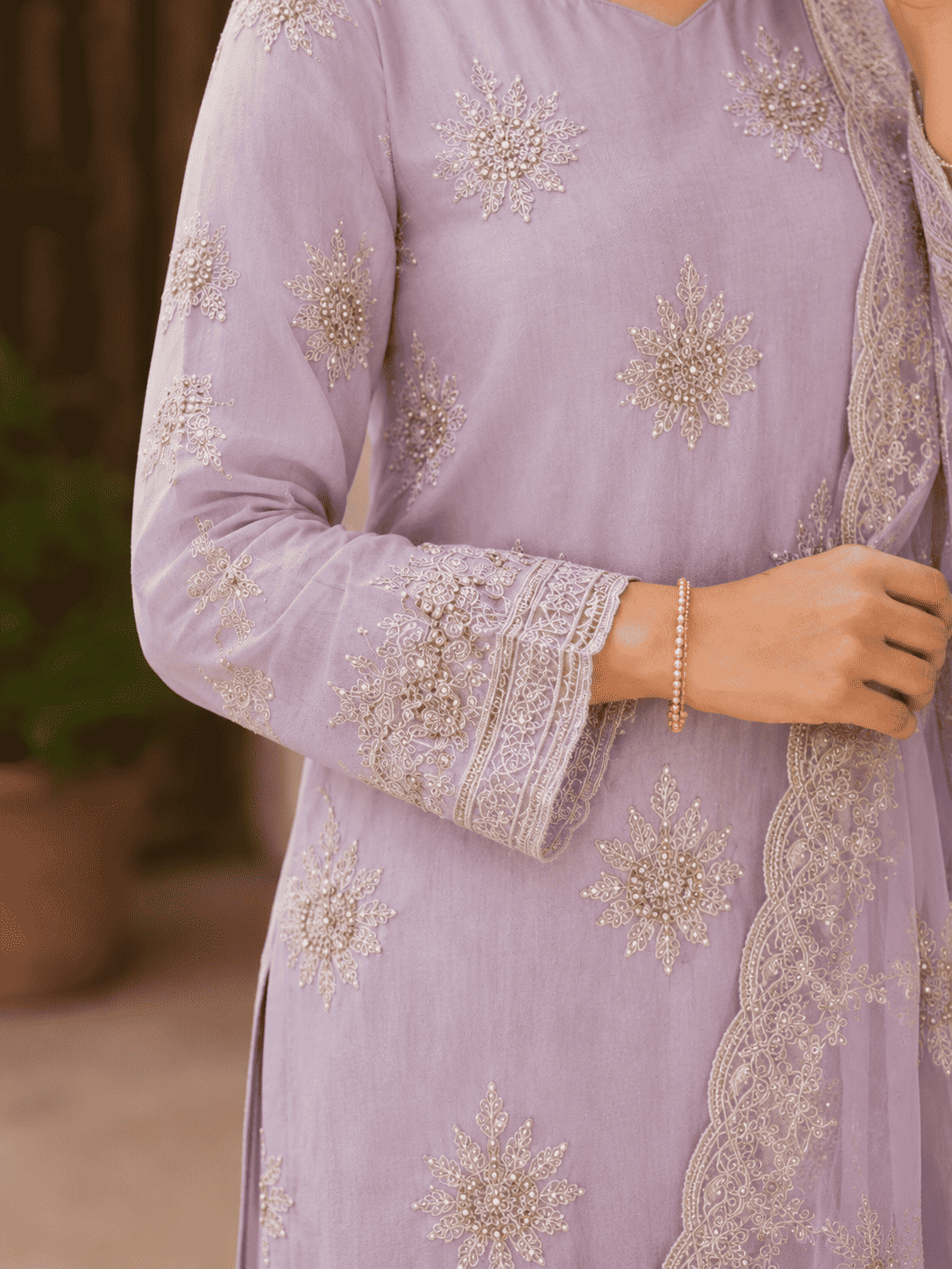 Semi-Stitched Mauve Lilac Chiffon Suit With Heavy Floral Sequin Border Detailing