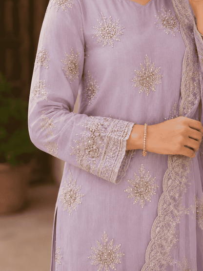 Semi-Stitched Mauve Lilac Chiffon Suit With Heavy Floral Sequin Border Detailing