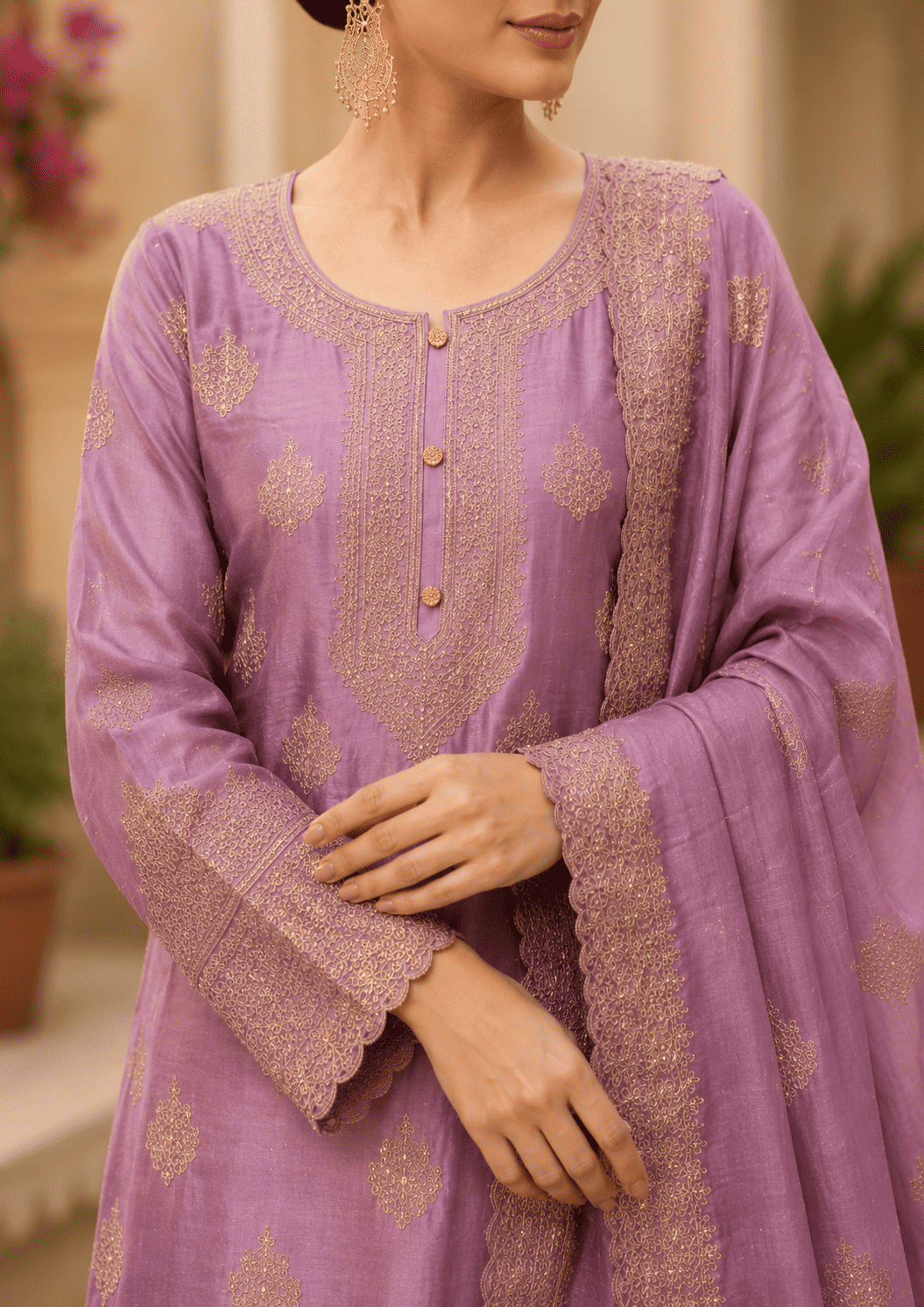 Purple-Lavender Semi Stitched Shimmer Tissue Suit Set With Dupatta With Embroidery