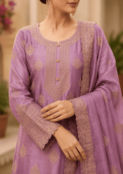 Purple-Lavender Semi Stitched Shimmer Tissue Suit Set With Dupatta With Embroidery
